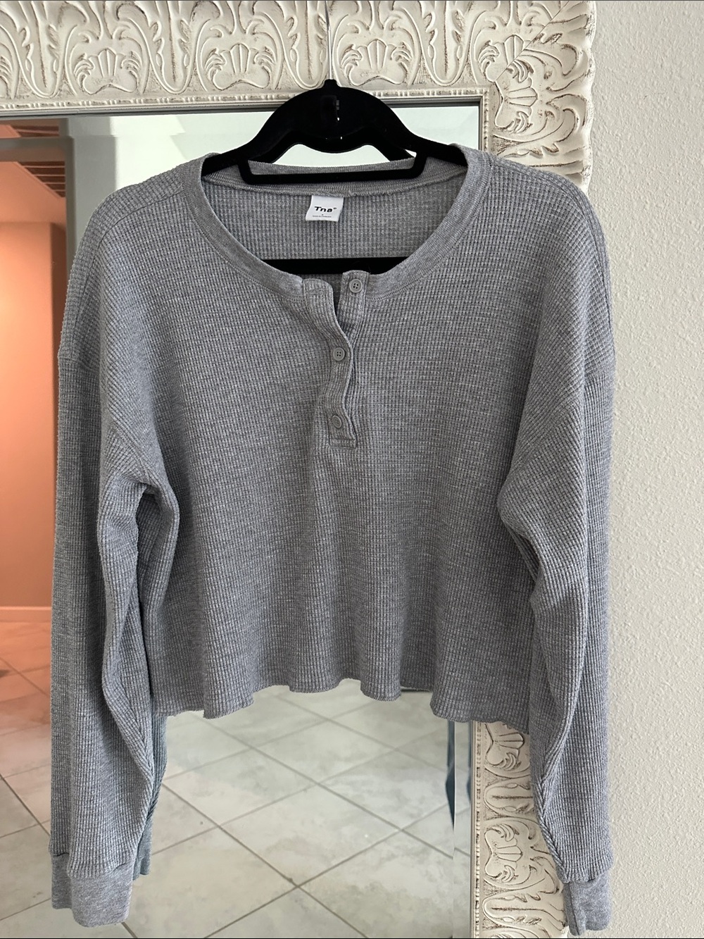 TNA Light Gray Waffle Knit Henley Long Sleeve Top